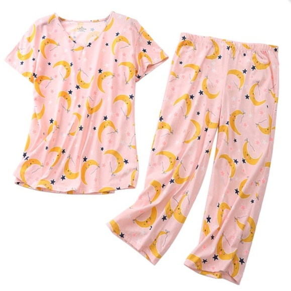 Pink Pajama Moon Set Cotton Short Sleeve V-Neck Shirt Capri Pants Sleepwear XXL - Picture 1 of 14